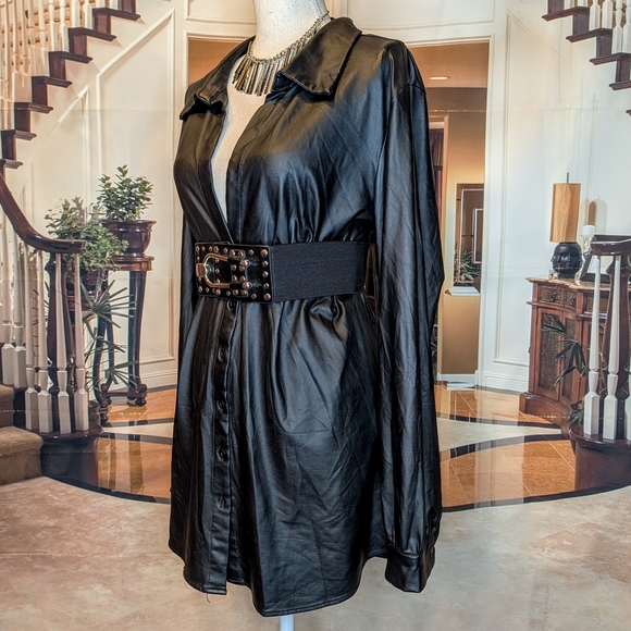 Black Faux Leather Sleek Long Sleeve Low-Cut Mini Shirt Dress - Picture 3 of 7